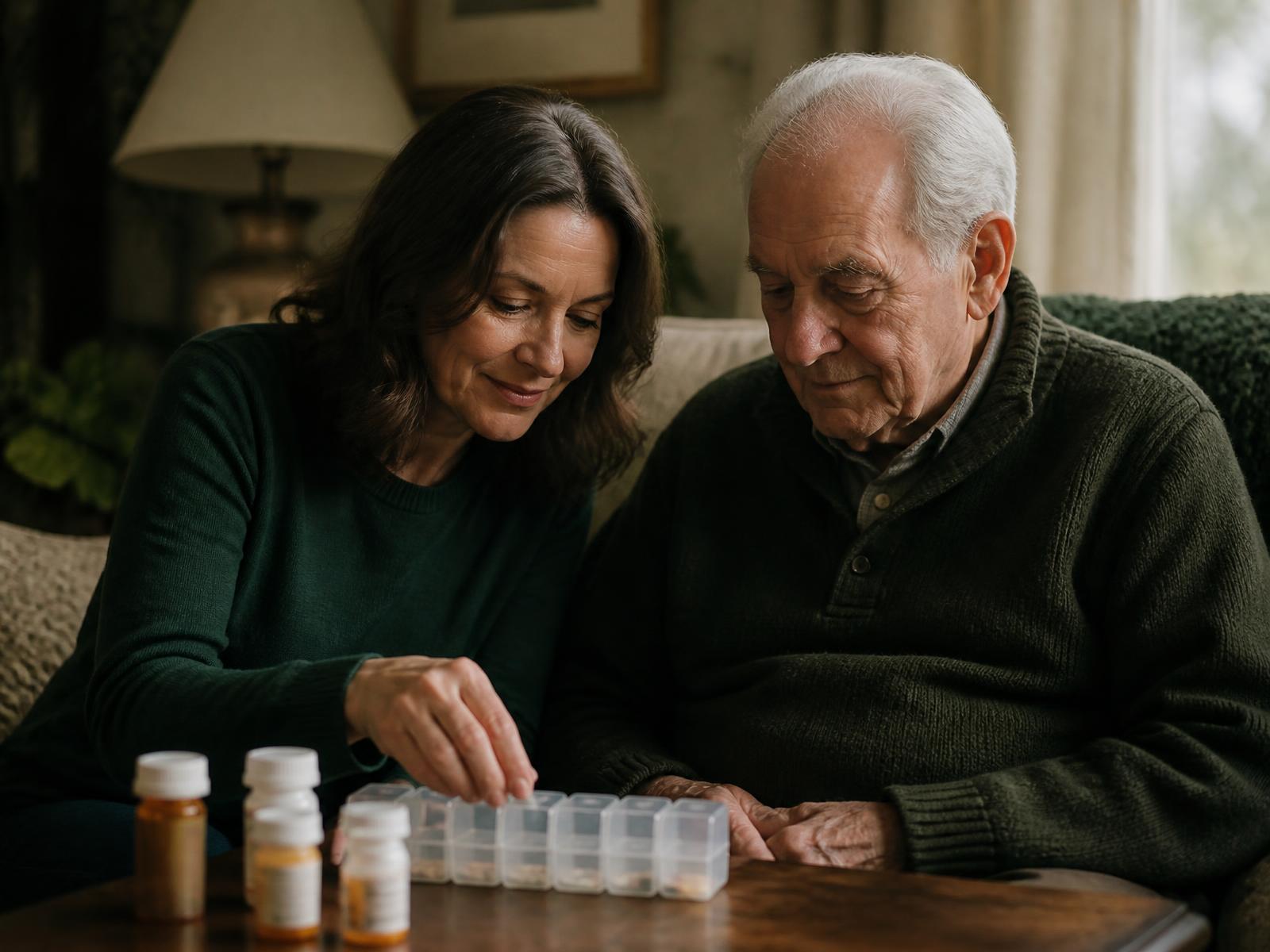 An adult daughter sitting with her elderly father, organising his medications into a weekly box