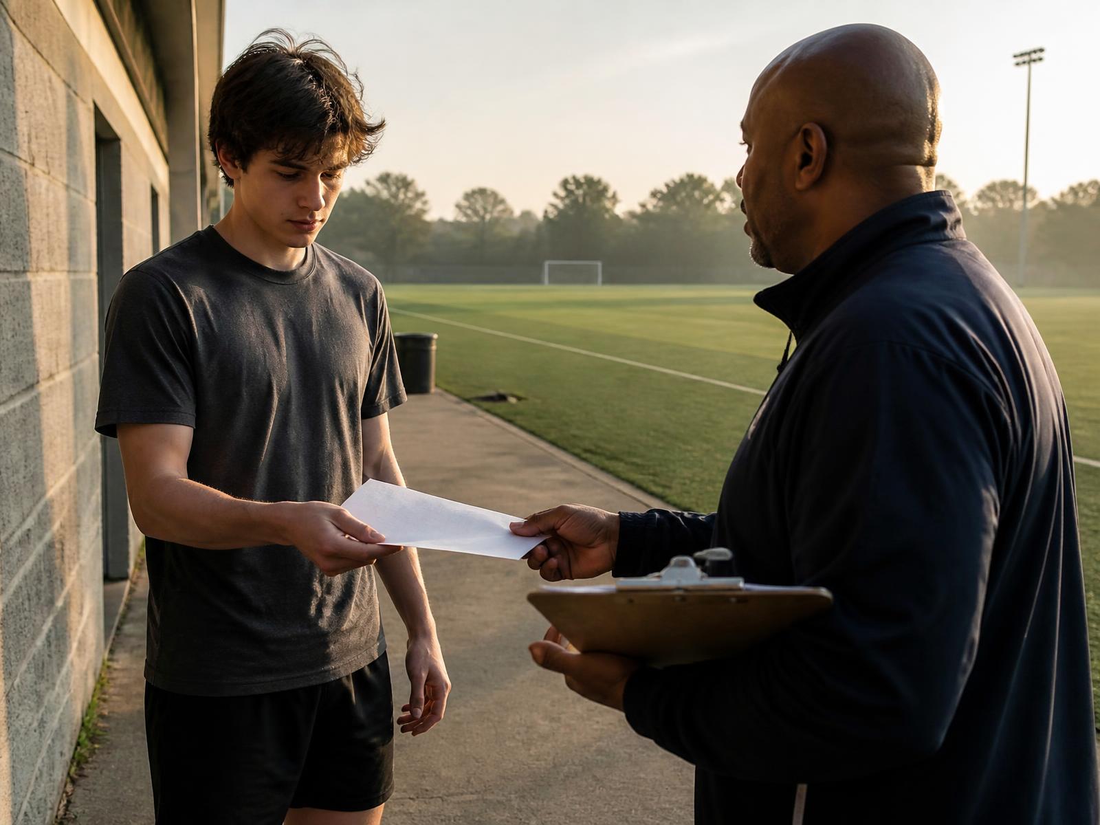 A teenage athlete handing a physical clearance form to a coach beside a school sports field