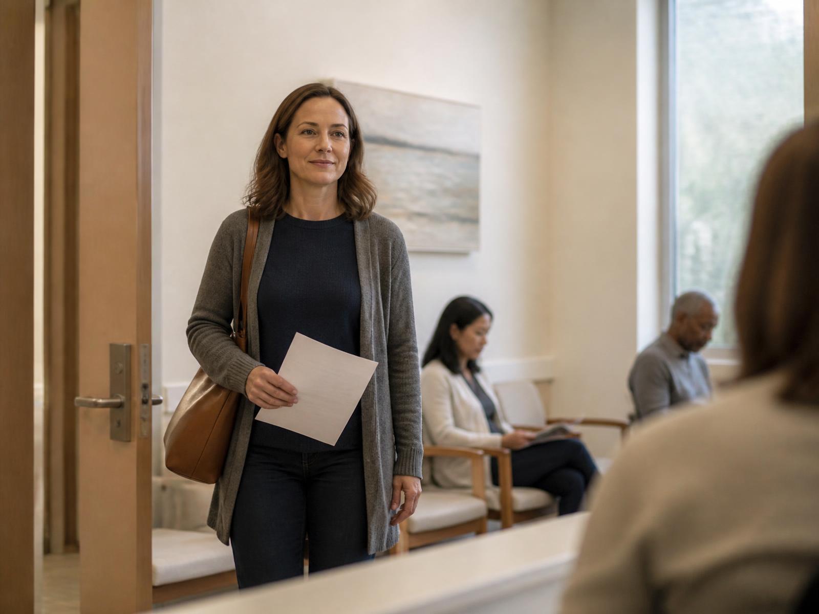 A woman walking into a quiet clinic waiting room holding a single printed page